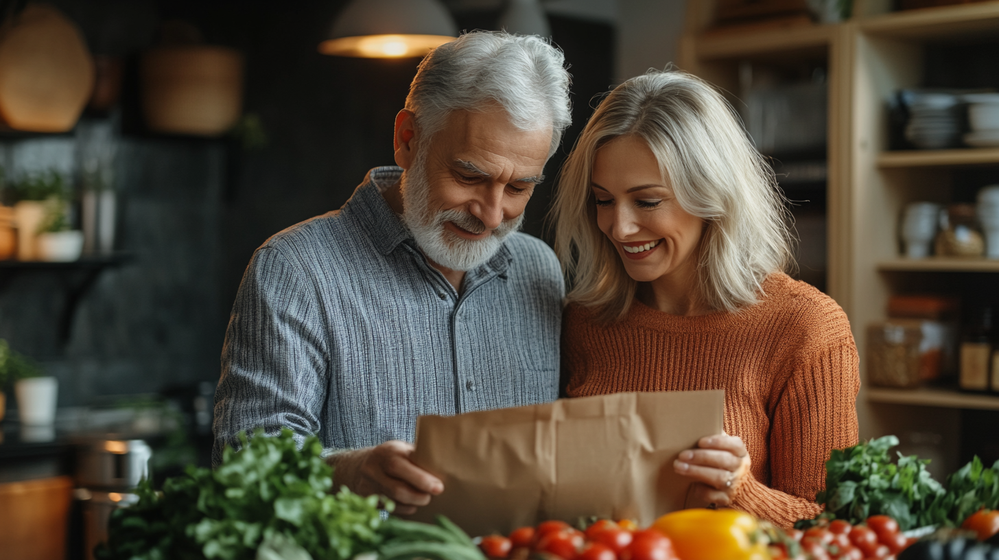 Щаслива пара старшого віку насолоджується здоровою їжею